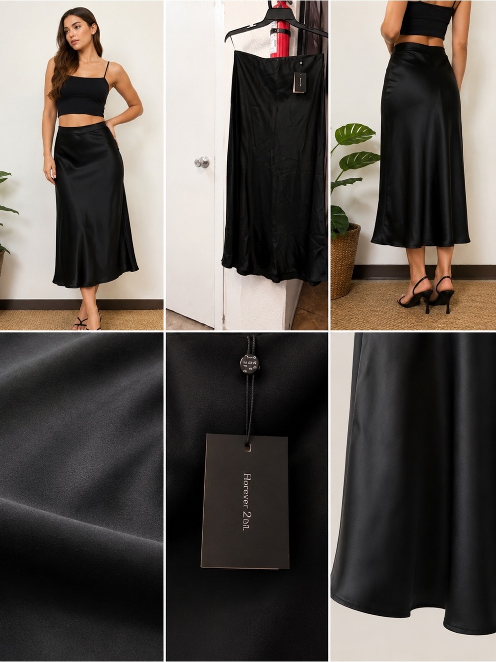 Massimo Dutti Black Satin Midi Slip Skirt